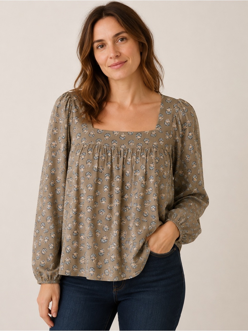 Lucky Brand Floral Peasant Blouse Long Balloon Sleeve Taupe Blue Size M